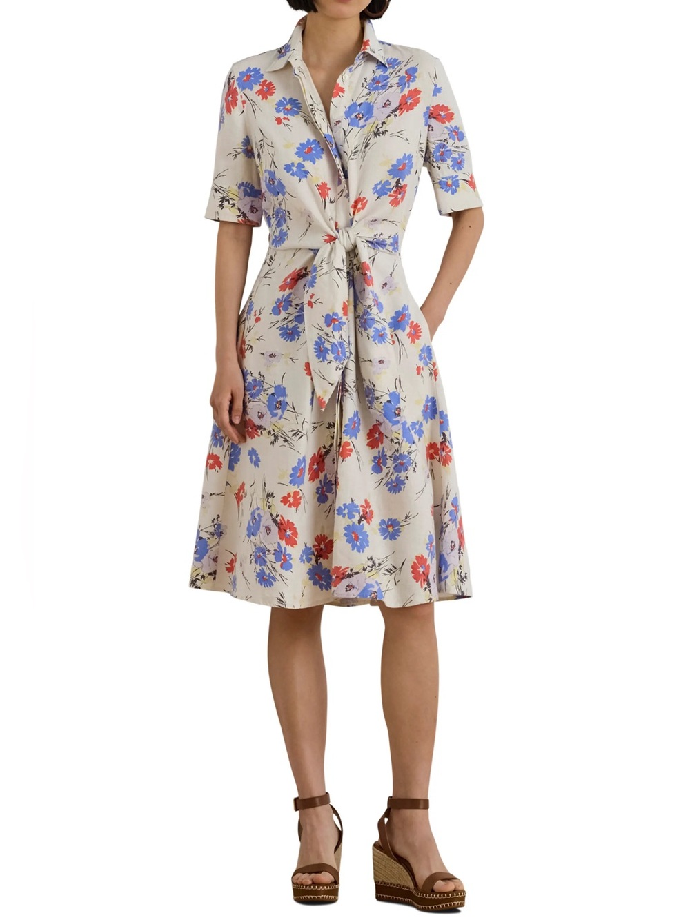 Ralph Lauren Black Label Floral Tie-Front Linen Shirtdress Sz 16